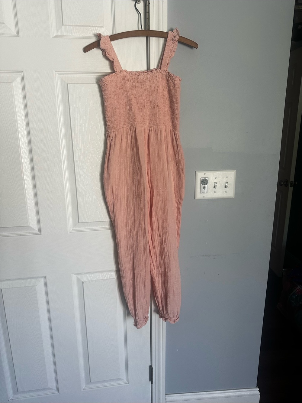 Pink Smocked Jumpsuit with Ruffled Straps